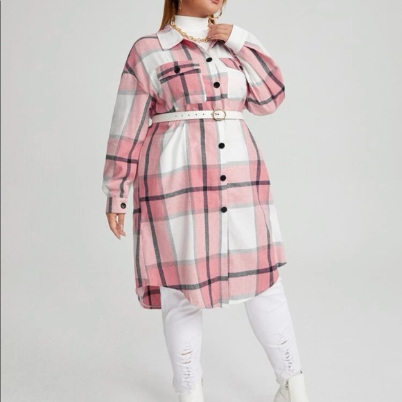 Plus Size Plaid Pocket Light Jacket Shacket Long Shirt Green BELT NOT INCLUDED - Picture 7 of 16